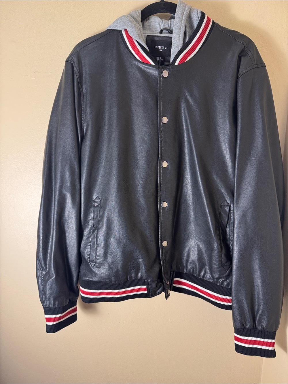 Forever 21 Black Faux Leather Bomber Jacket with Gray Hood and Red-White Trim